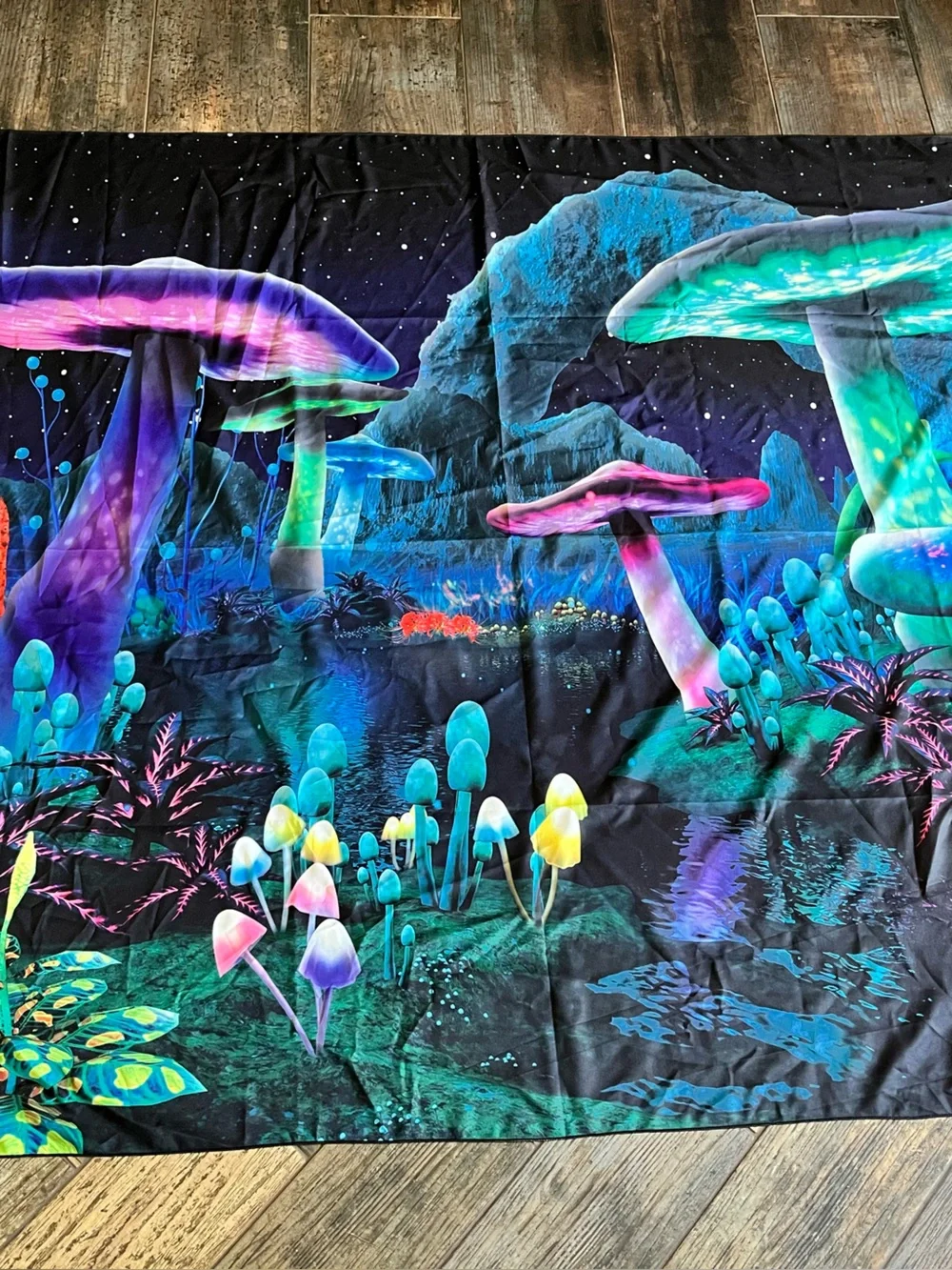 Psychedelic Neon Mushroom Tapestry - Black Background